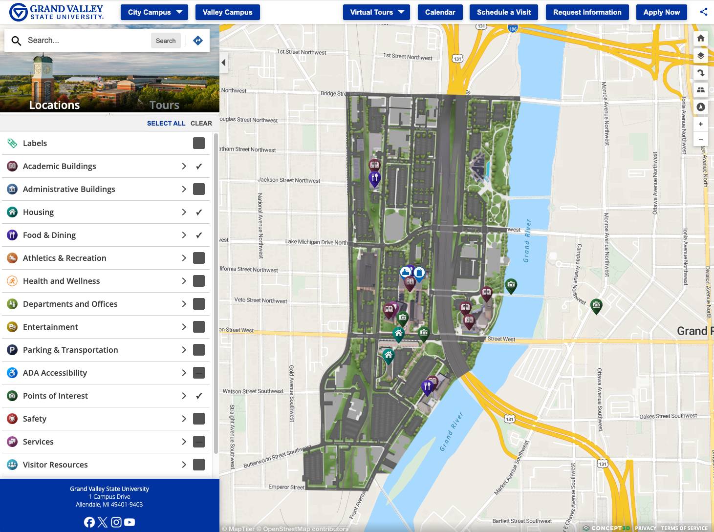 An overhead map of the Robert C. Pew campus in Grand Rapids.
